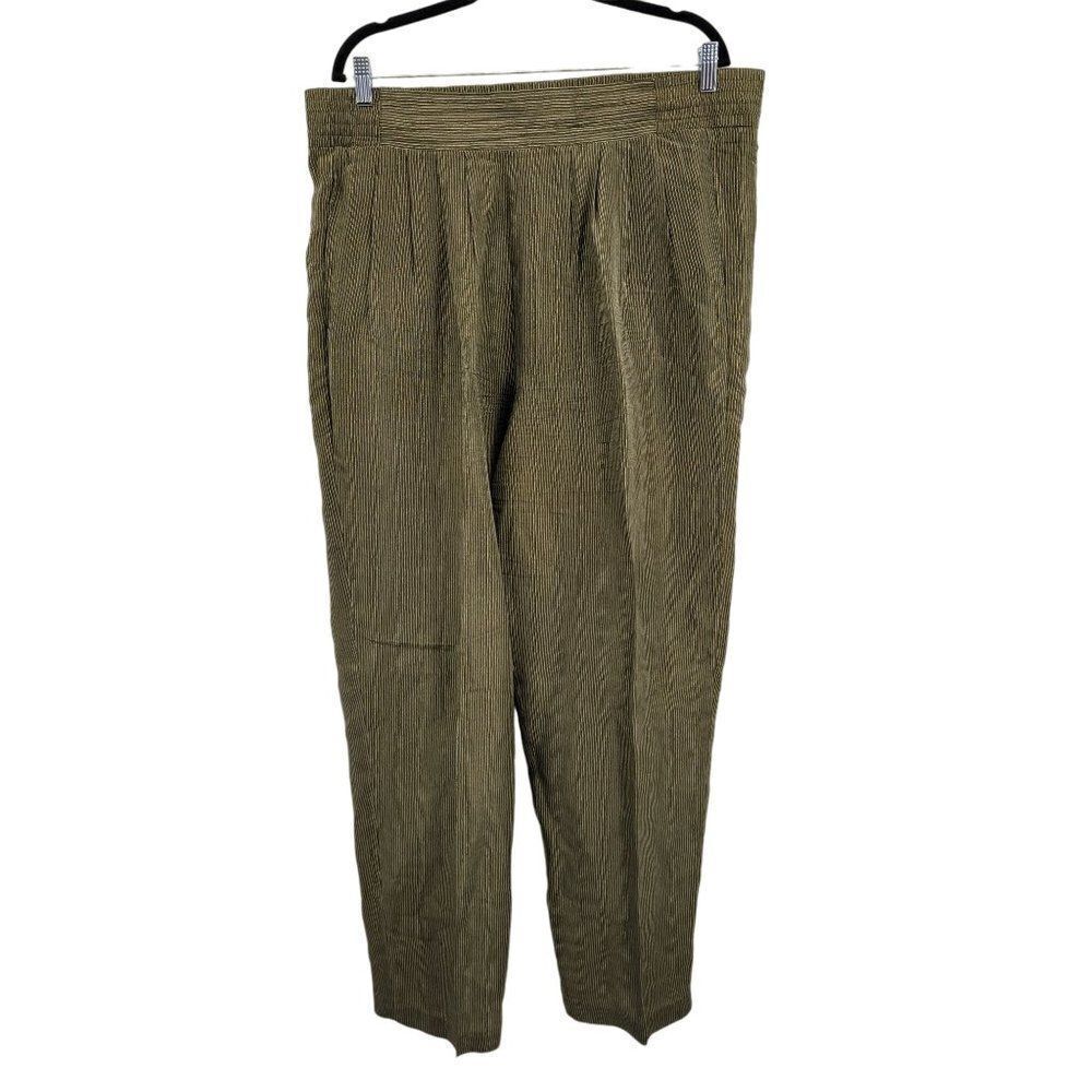 Vintage 90s‎ High-rise Silk Pants 14 Green Pinstriped Pleated Tapered